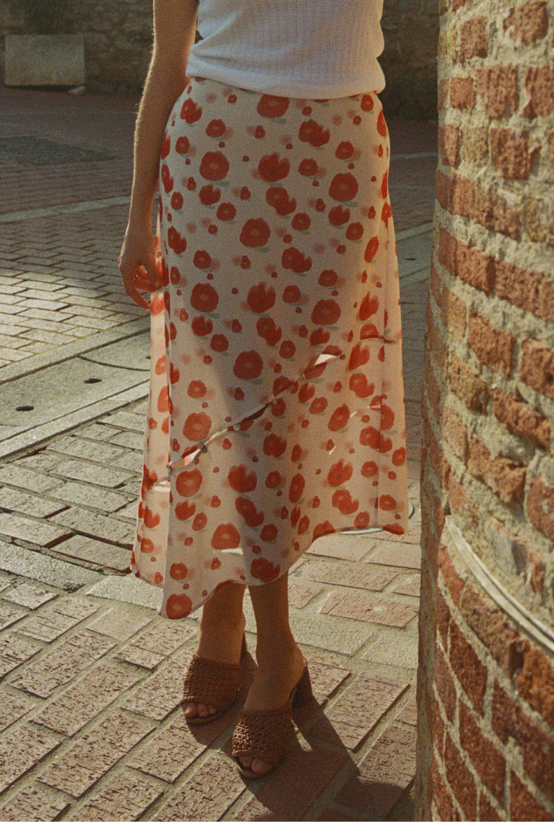 Jupe longue Marine - Imprimé Fleurs rouges