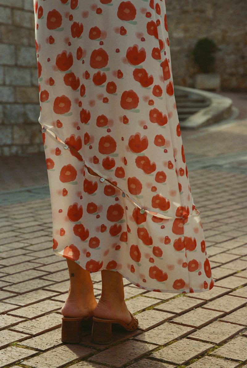 Jupe longue Marine - Imprimé Fleurs rouges