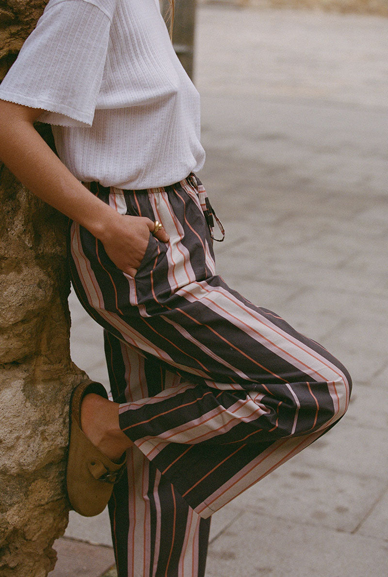 Mathilde loose pants in organic cotton - Plum stripes
