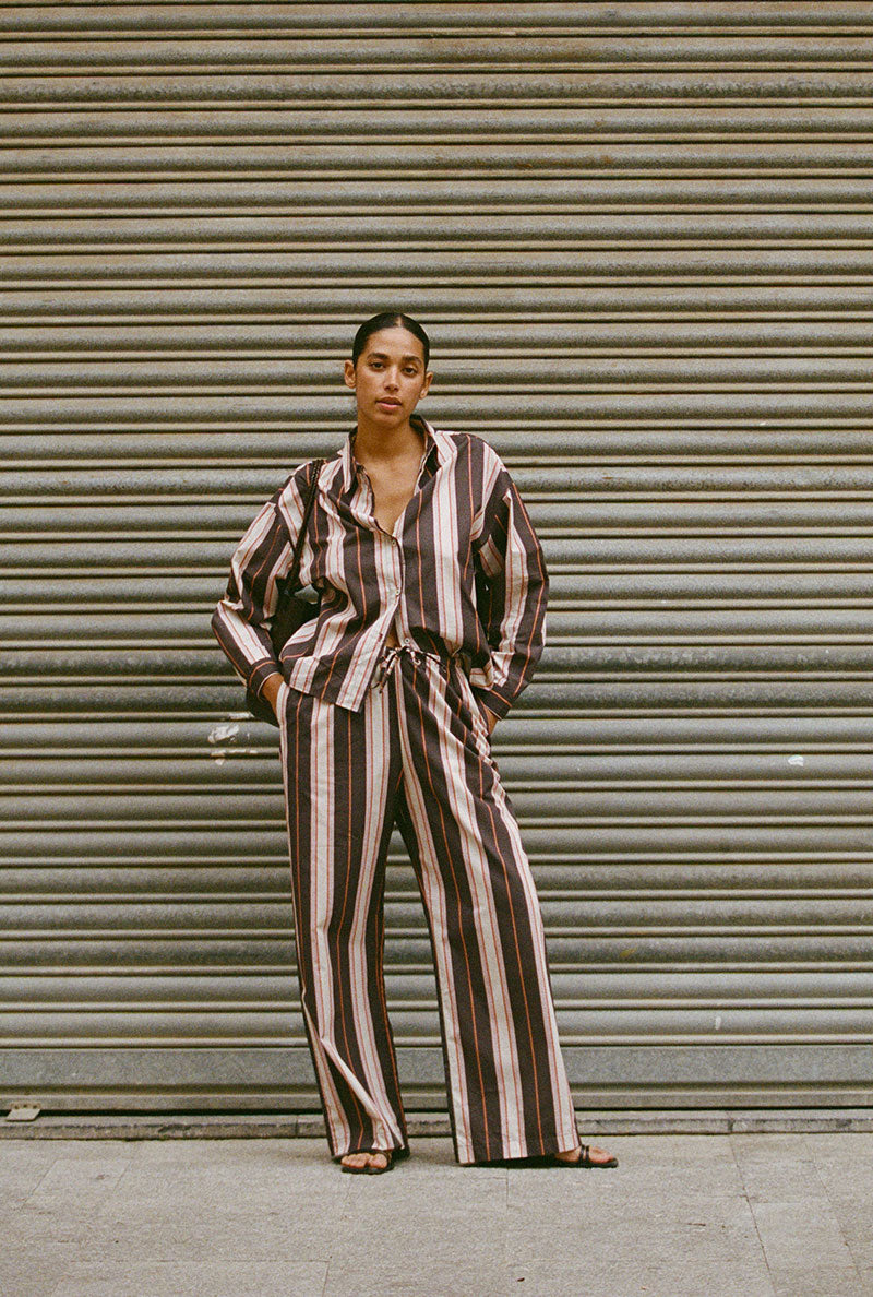 Mathilde loose pants in organic cotton - Plum stripes