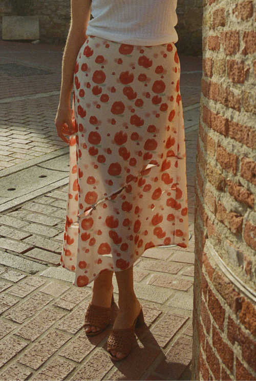 Marine Long Skirt - Red Flower Print