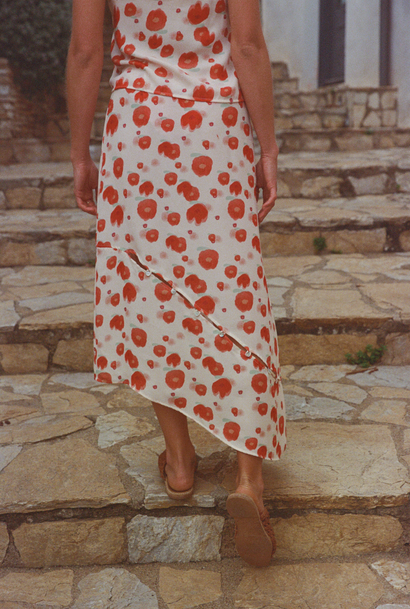 Marine Long Skirt - Red Flower Print