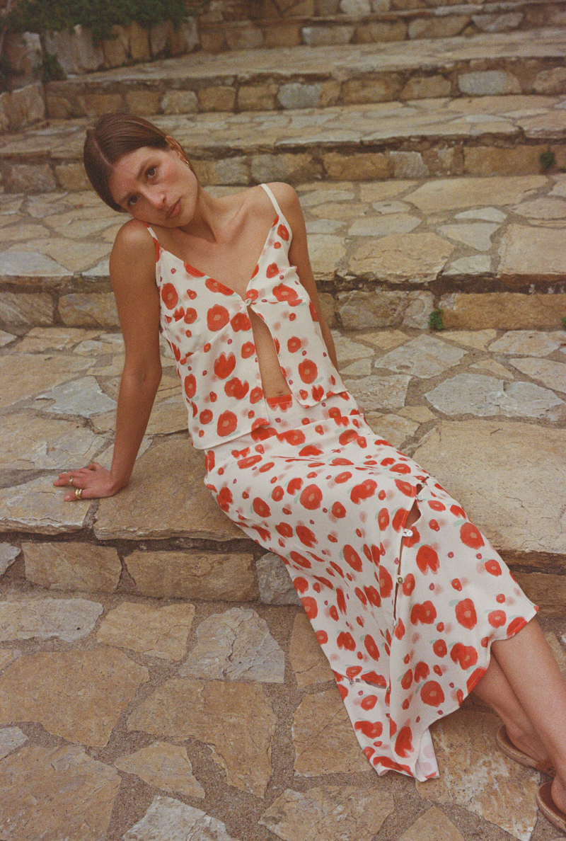 Marine Long Skirt - Red Flower Print