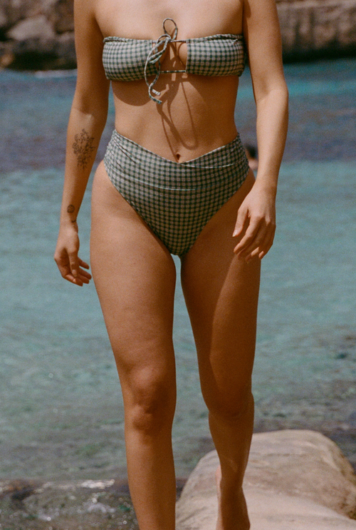 Bas de maillot culotte taille haute Myrto - Carreaux vert